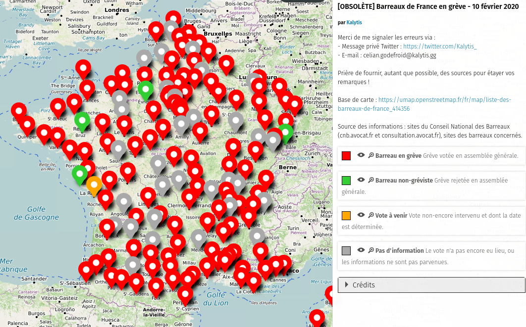 Carte de France des barreaux d'avocats en grève, beaucoup de points rouges pour symboliser les barreaux en grève.